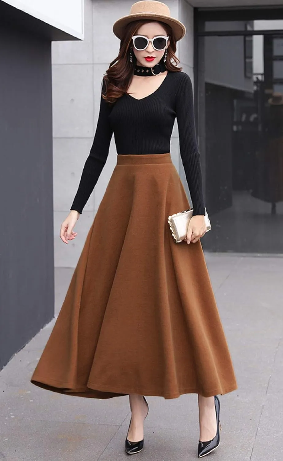 CHARTOU Women's Stretchy High Waist Woolen Flared A Line Swing Maxi Long Skirt
