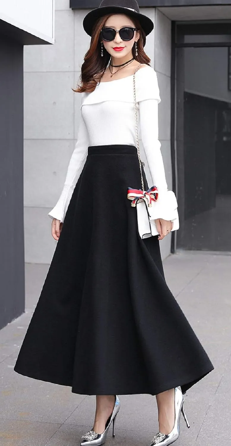 CHARTOU Women's Stretchy High Waist Woolen Flared A Line Swing Maxi Long Skirt