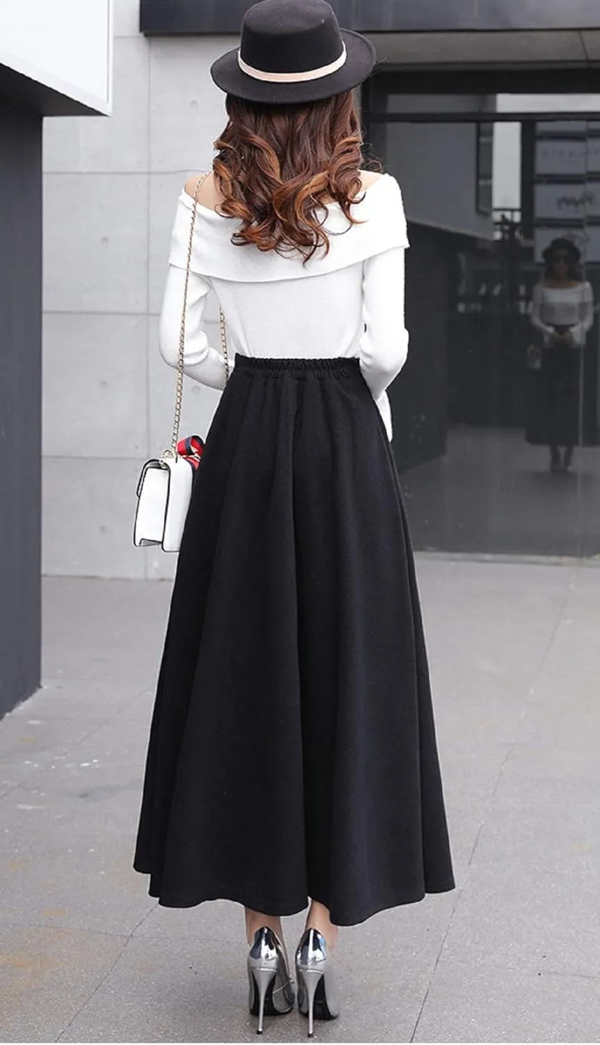 CHARTOU Women's Stretchy High Waist Woolen Flared A Line Swing Maxi Long Skirt