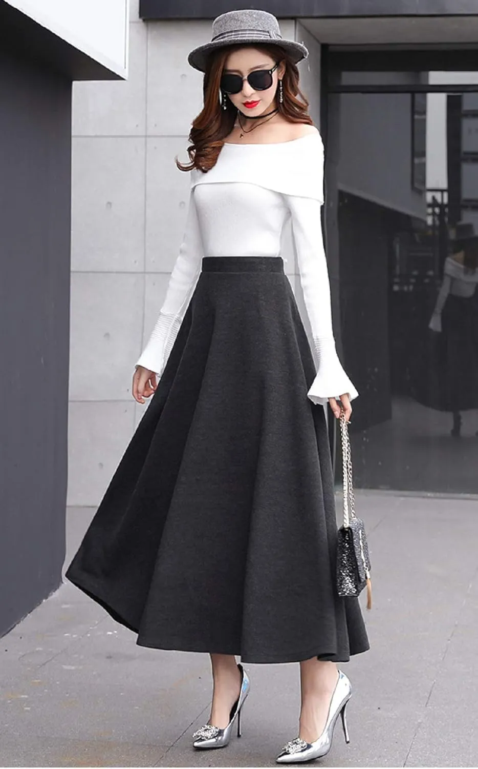 CHARTOU Women's Stretchy High Waist Woolen Flared A Line Swing Maxi Long Skirt