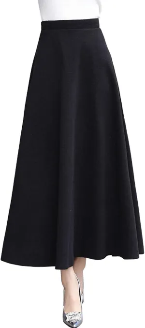 CHARTOU Women's Stretchy High Waist Woolen Flared A Line Swing Maxi Long Skirt