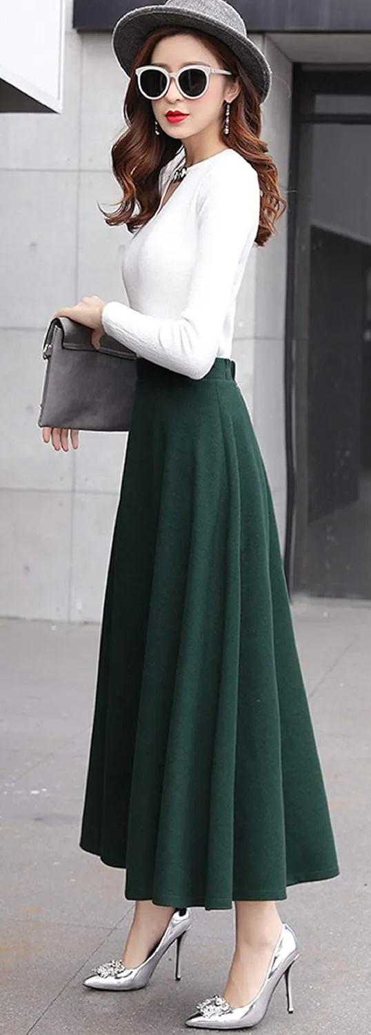 CHARTOU Women's Stretchy High Waist Woolen Flared A Line Swing Maxi Long Skirt