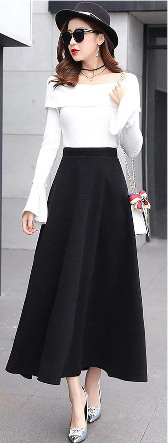 CHARTOU Women's Stretchy High Waist Woolen Flared A Line Swing Maxi Long Skirt