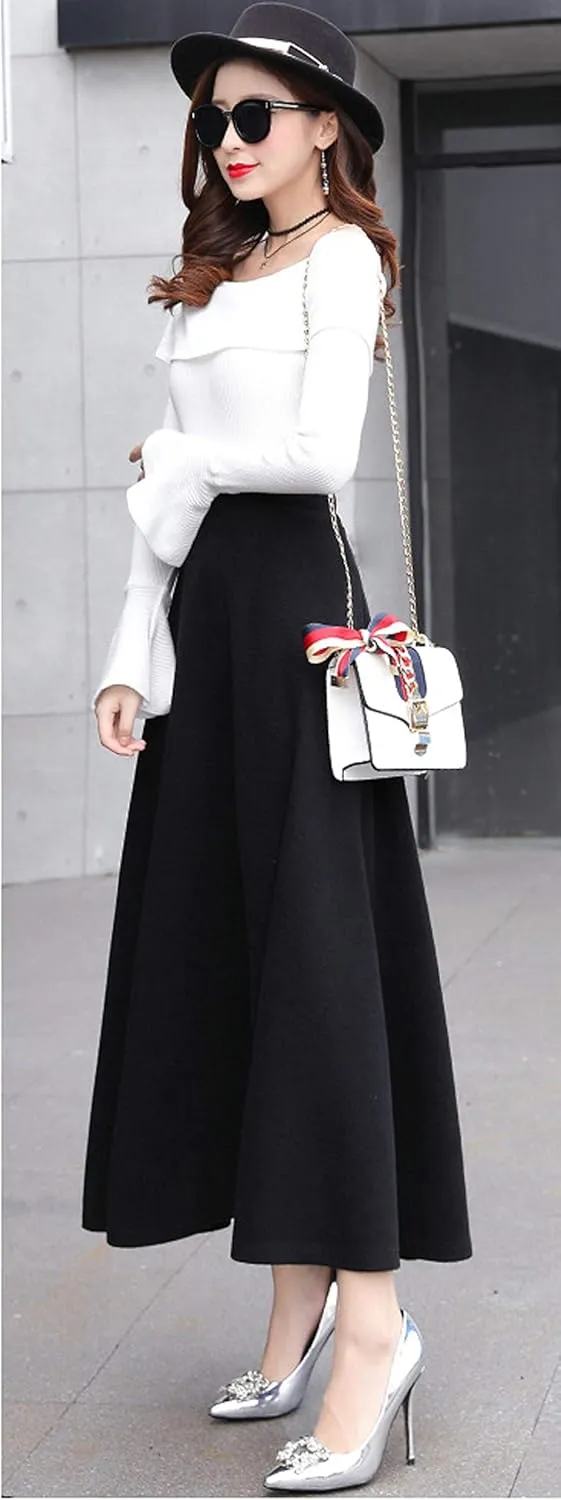 CHARTOU Women's Stretchy High Waist Woolen Flared A Line Swing Maxi Long Skirt