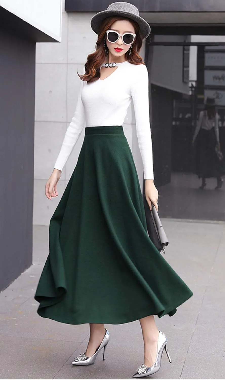 CHARTOU Women's Stretchy High Waist Woolen Flared A Line Swing Maxi Long Skirt