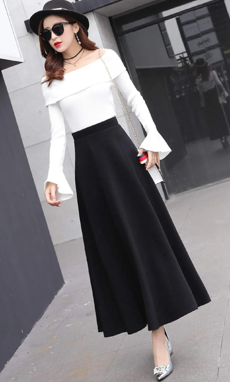 CHARTOU Women's Stretchy High Waist Woolen Flared A Line Swing Maxi Long Skirt