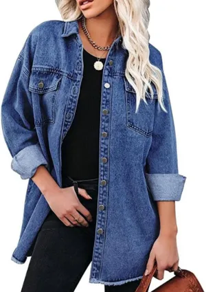 CHARTOU Women's Vintage Distressed Button Down Shirt Oversized Long Sleeve Denim Jean Blouse Jacket