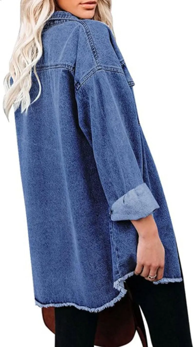 CHARTOU Women's Vintage Distressed Button Down Shirt Oversized Long Sleeve Denim Jean Blouse Jacket