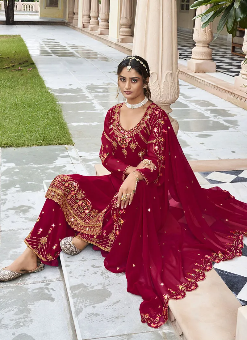 Cherry Red Handwork Embroidery Sharara Palazzo Suit