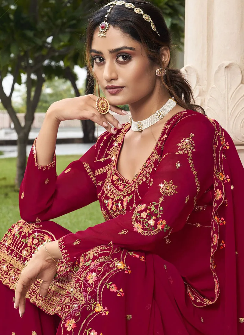 Cherry Red Handwork Embroidery Sharara Palazzo Suit
