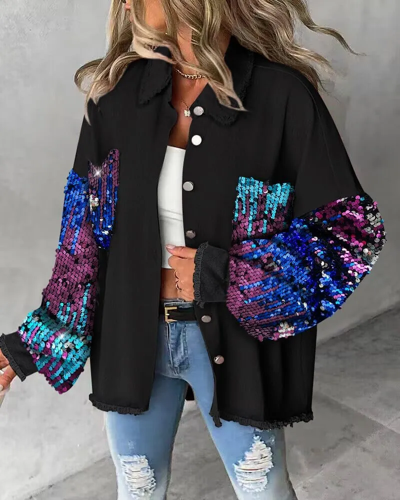 CHICME BEST SHOPPING DEALS Womens Jacket Sequin Patchwork Long Sleeve Jacket Top Button Front Oversized Denim Shacket