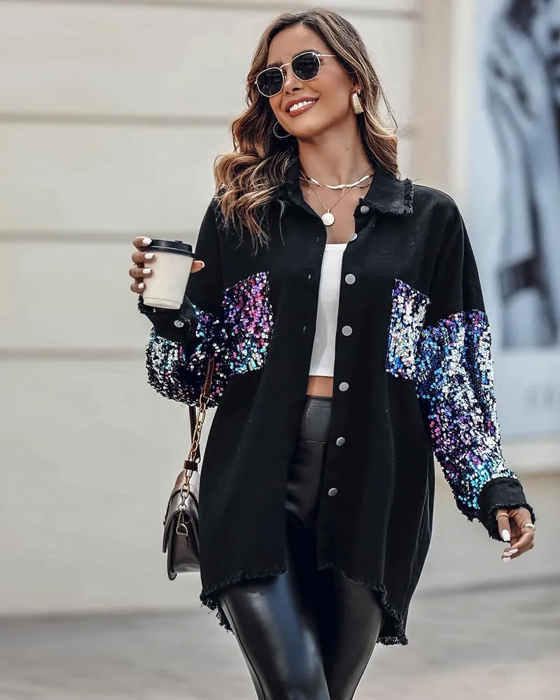 CHICME BEST SHOPPING DEALS Womens Jacket Sequin Patchwork Long Sleeve Jacket Top Button Front Oversized Denim Shacket