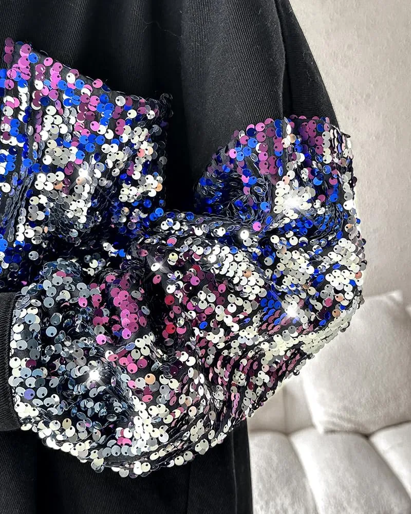 CHICME BEST SHOPPING DEALS Womens Jacket Sequin Patchwork Long Sleeve Jacket Top Button Front Oversized Denim Shacket
