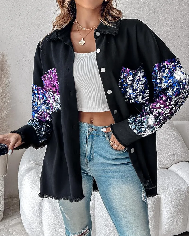 CHICME BEST SHOPPING DEALS Womens Jacket Sequin Patchwork Long Sleeve Jacket Top Button Front Oversized Denim Shacket
