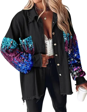 CHICME BEST SHOPPING DEALS Womens Jacket Sequin Patchwork Long Sleeve Jacket Top Button Front Oversized Denim Shacket