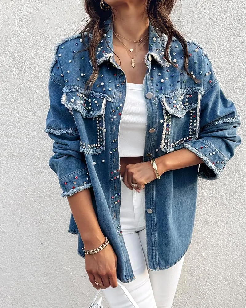 ChicMe Womens Denim Casual Jacket Turn-down Collar Contrast Sequin Long Sleeve Fringe Hem Denim Jacket Casual Coat