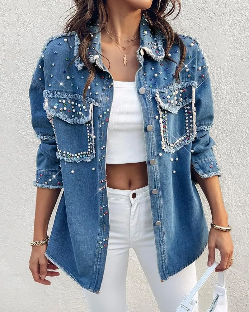 ChicMe Womens Denim Casual Jacket Turn-down Collar Contrast Sequin Long Sleeve Fringe Hem Denim Jacket Casual Coat