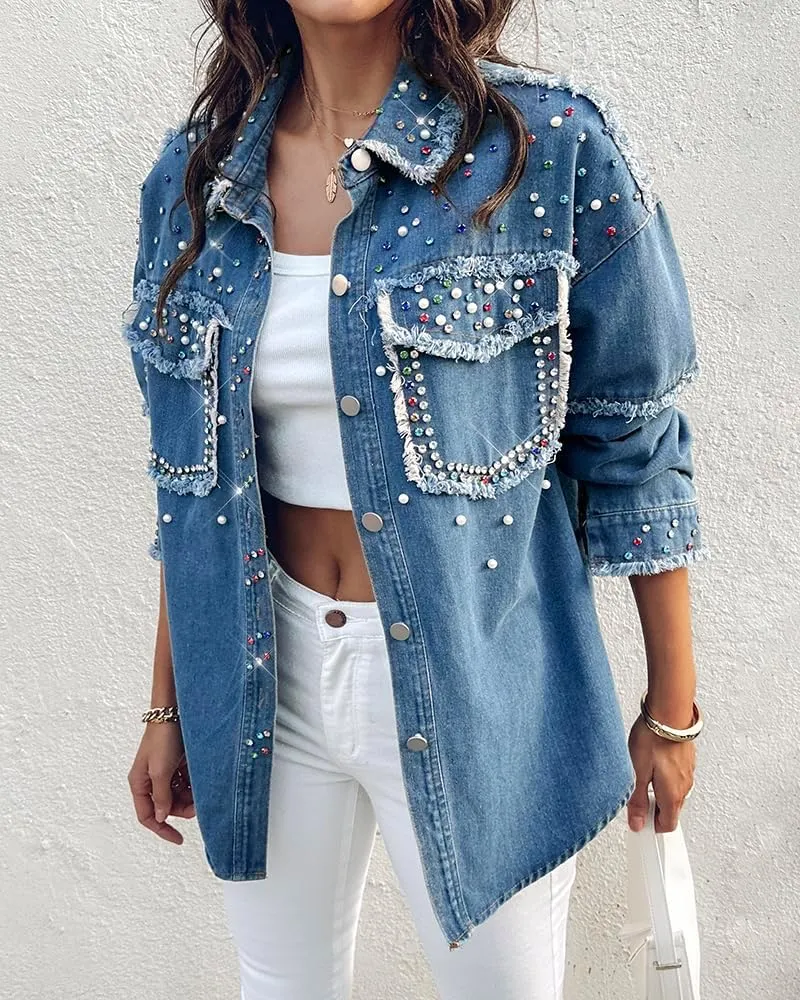 ChicMe Womens Denim Casual Jacket Turn-down Collar Contrast Sequin Long Sleeve Fringe Hem Denim Jacket Casual Coat