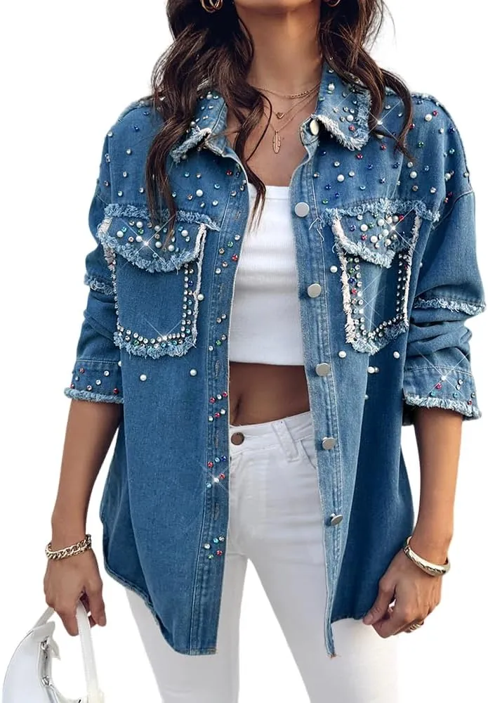 ChicMe Womens Denim Casual Jacket Turn-down Collar Contrast Sequin Long Sleeve Fringe Hem Denim Jacket Casual Coat