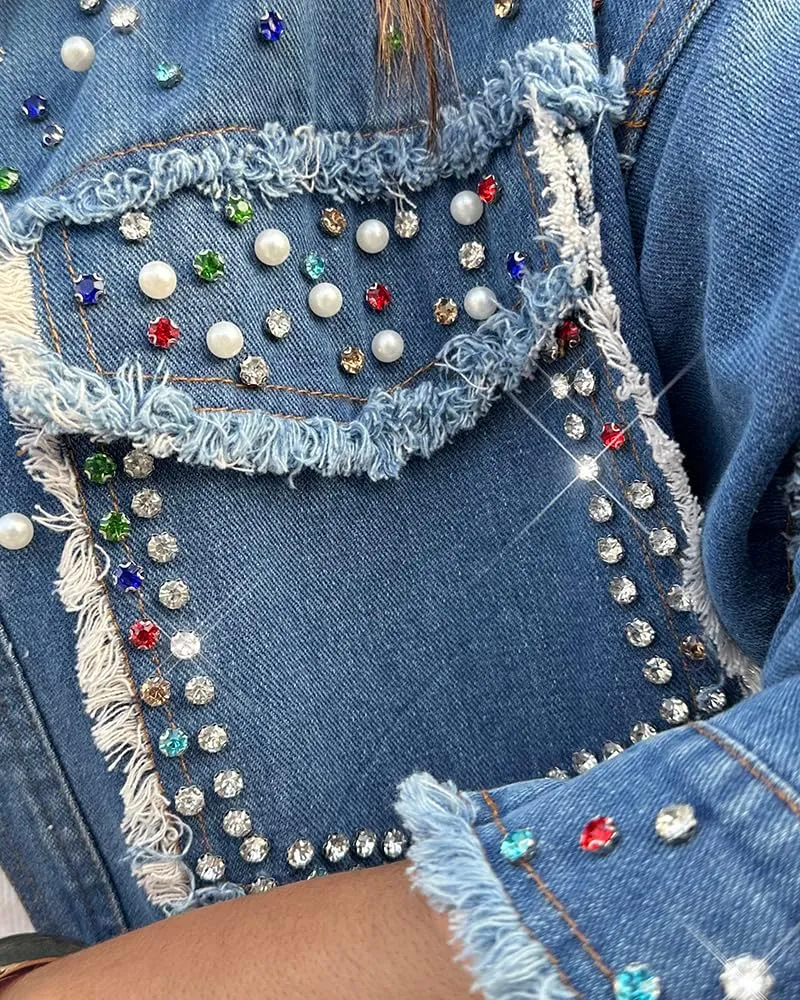ChicMe Womens Denim Casual Jacket Turn-down Collar Contrast Sequin Long Sleeve Fringe Hem Denim Jacket Casual Coat