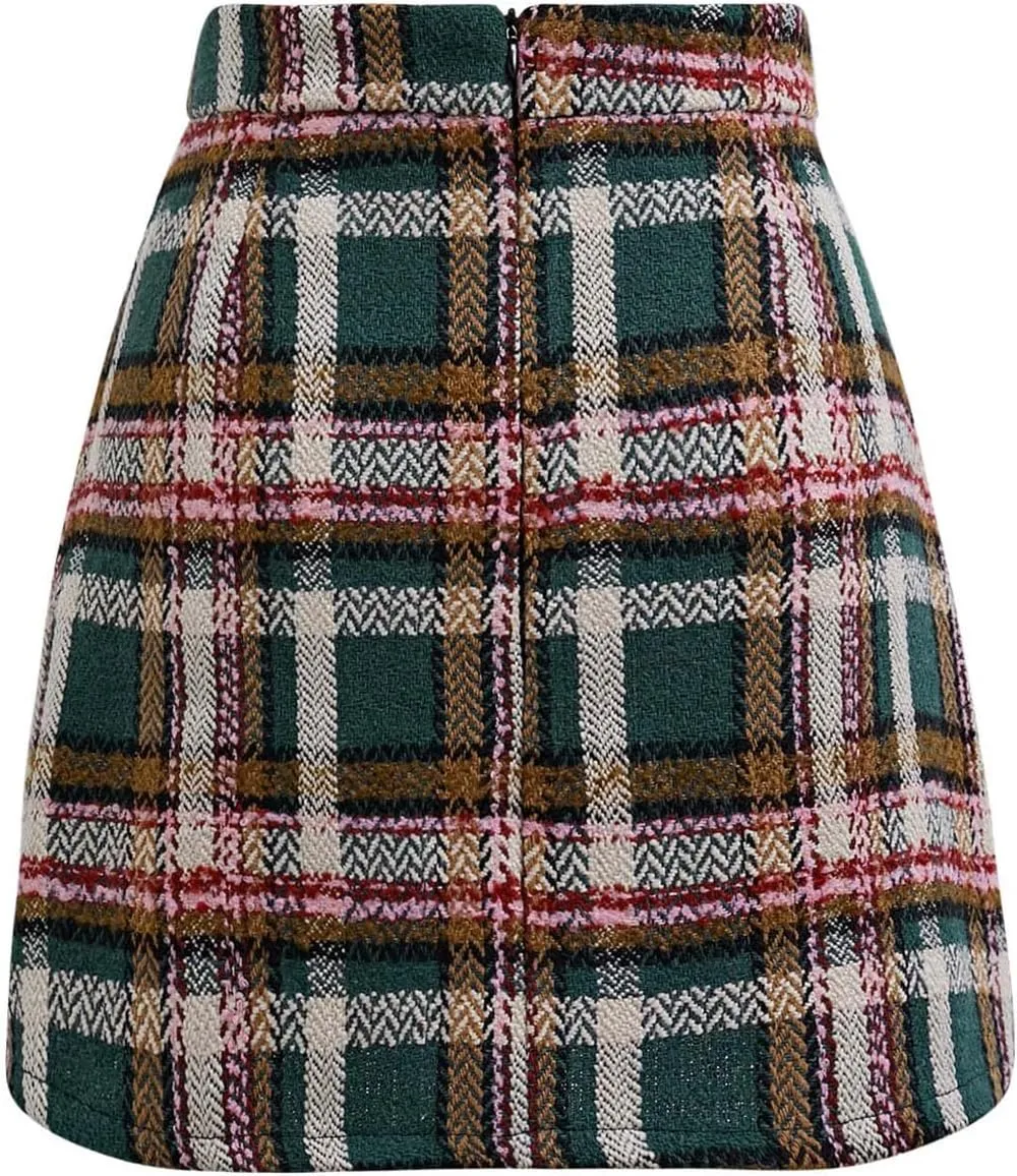CHICWISH Women Wool Plaid Mini Skirt High Waisted Pencil Skirts Short Tight Bodycon Skirt with Golden Buttons
