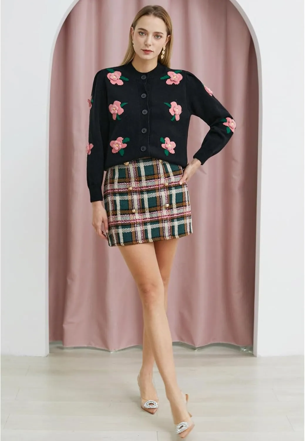 CHICWISH Women Wool Plaid Mini Skirt High Waisted Pencil Skirts Short Tight Bodycon Skirt with Golden Buttons