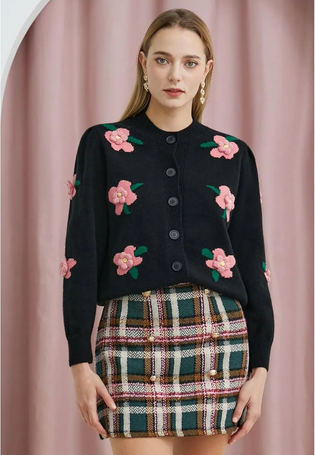 CHICWISH Women Wool Plaid Mini Skirt High Waisted Pencil Skirts Short Tight Bodycon Skirt with Golden Buttons