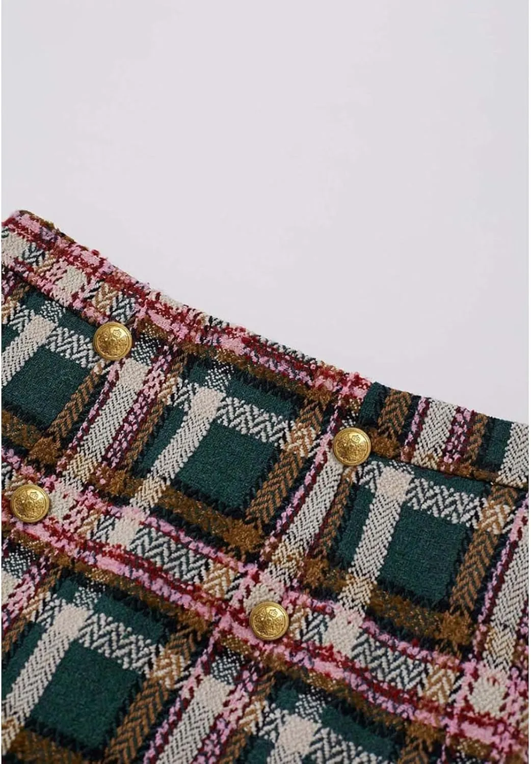 CHICWISH Women Wool Plaid Mini Skirt High Waisted Pencil Skirts Short Tight Bodycon Skirt with Golden Buttons
