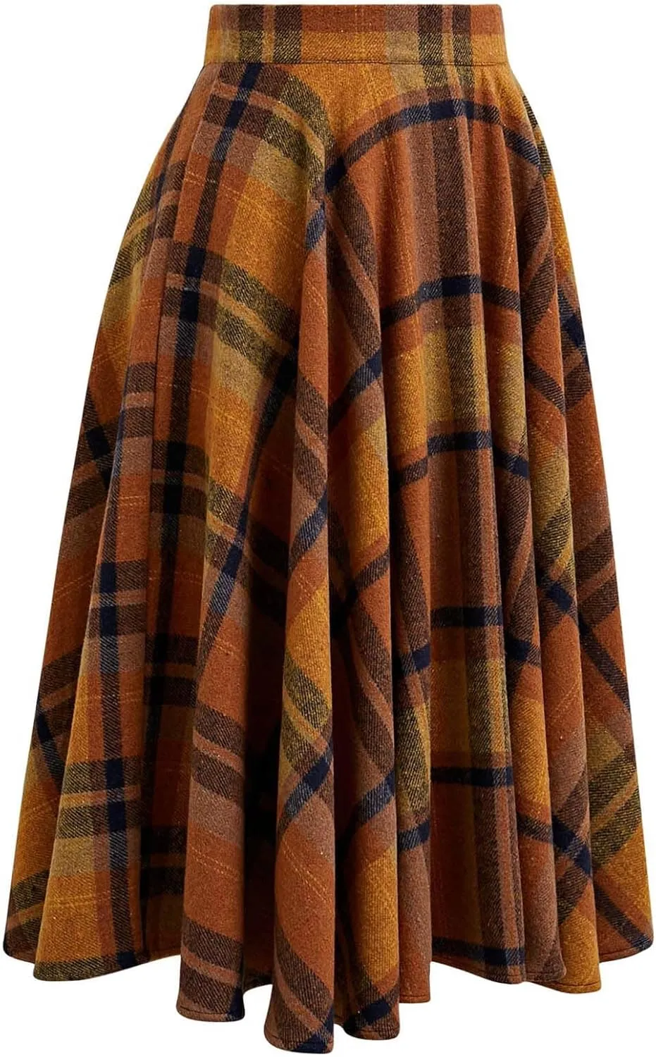 CHICWISH Womens Fall Winter Vintage Plaid Wool Skirts High Waist A-Line Pleated Midi Skirt Pumpkin