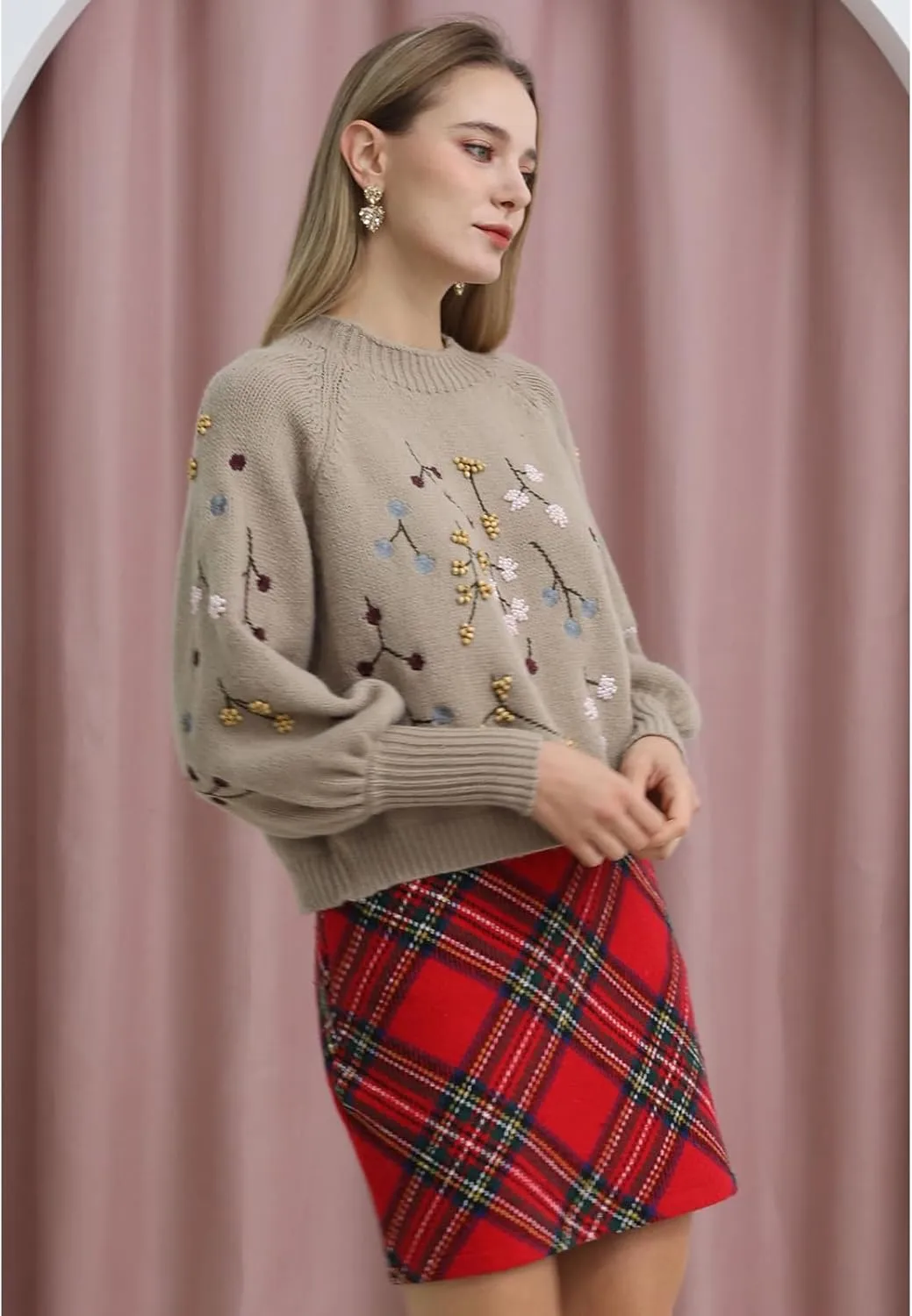 CHICWISH Womens Red Plaid Mini Skirt Fall Winter Tartan Wool High Waisted Bodycon Pencil Skirt