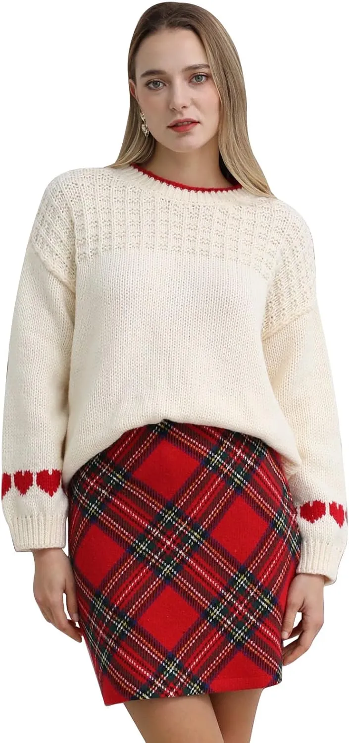 CHICWISH Womens Red Plaid Mini Skirt Fall Winter Tartan Wool High Waisted Bodycon Pencil Skirt