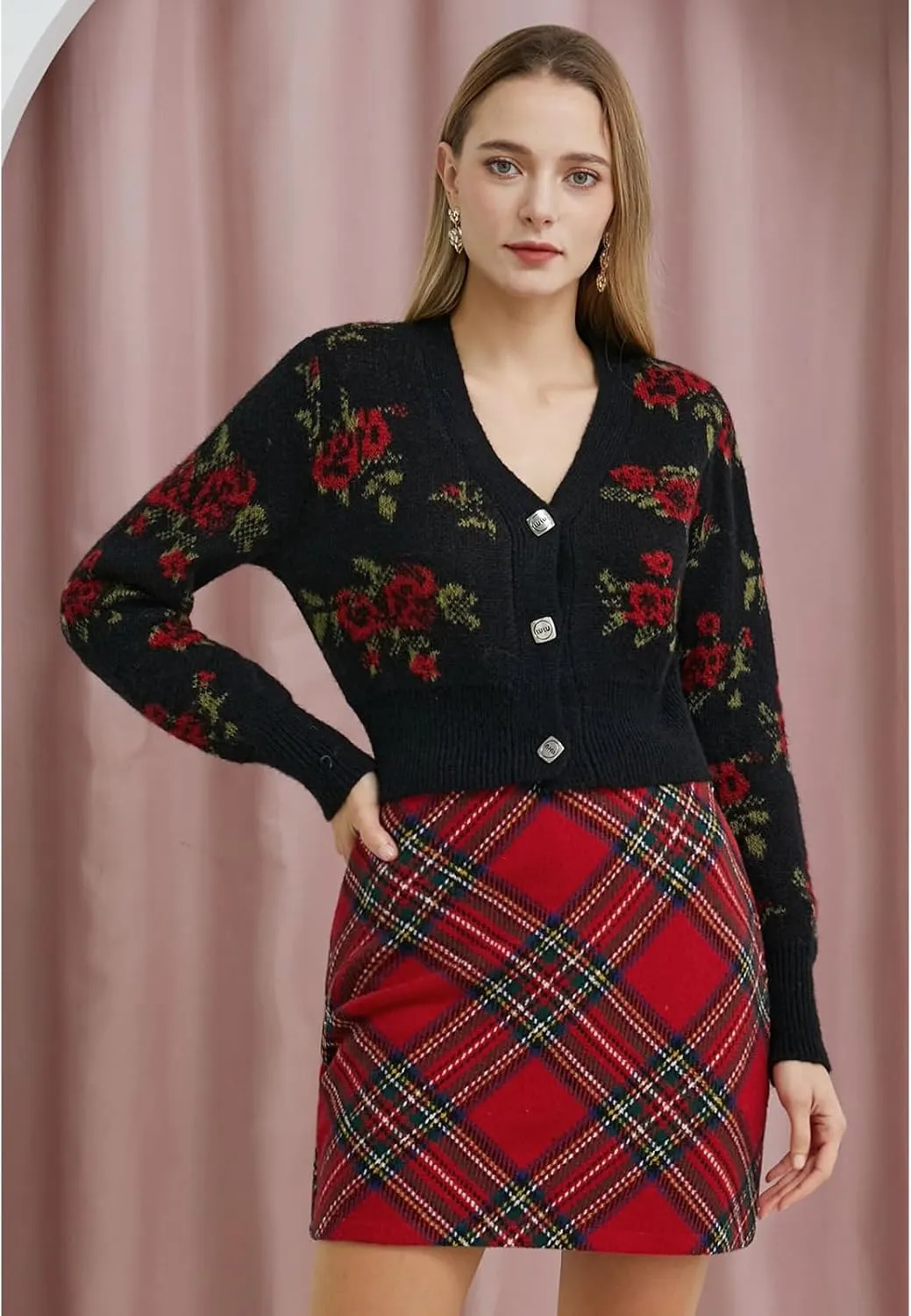 CHICWISH Womens Red Plaid Mini Skirt Fall Winter Tartan Wool High Waisted Bodycon Pencil Skirt