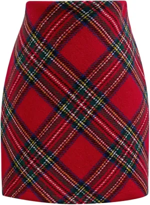 CHICWISH Womens Red Plaid Mini Skirt Fall Winter Tartan Wool High Waisted Bodycon Pencil Skirt