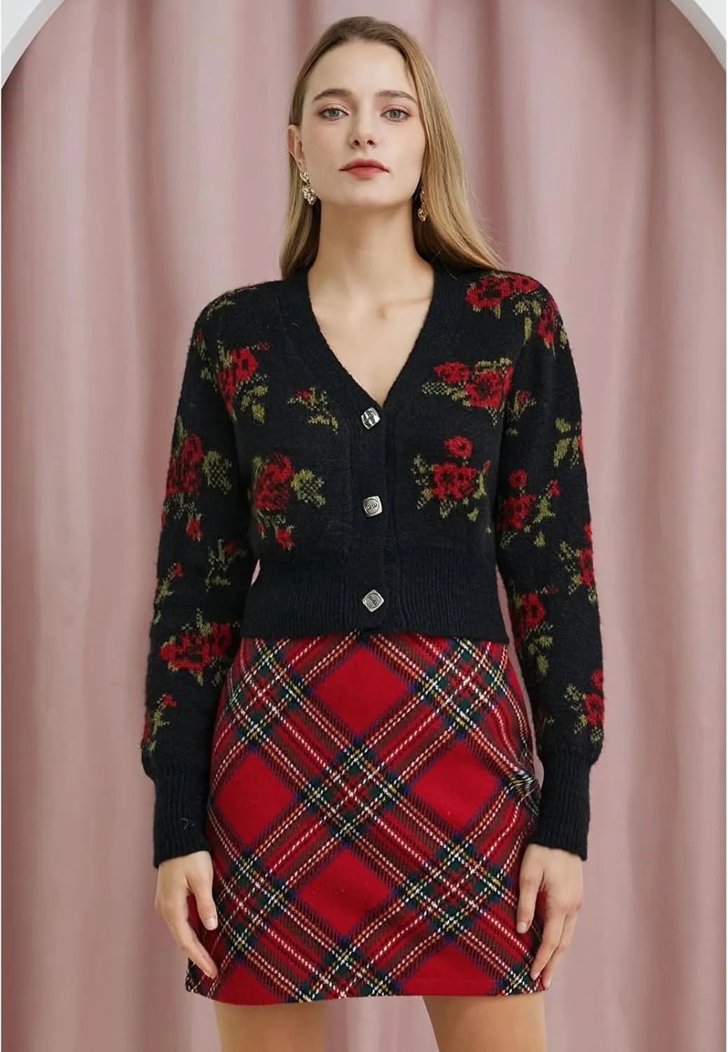 CHICWISH Womens Red Plaid Mini Skirt Fall Winter Tartan Wool High Waisted Bodycon Pencil Skirt