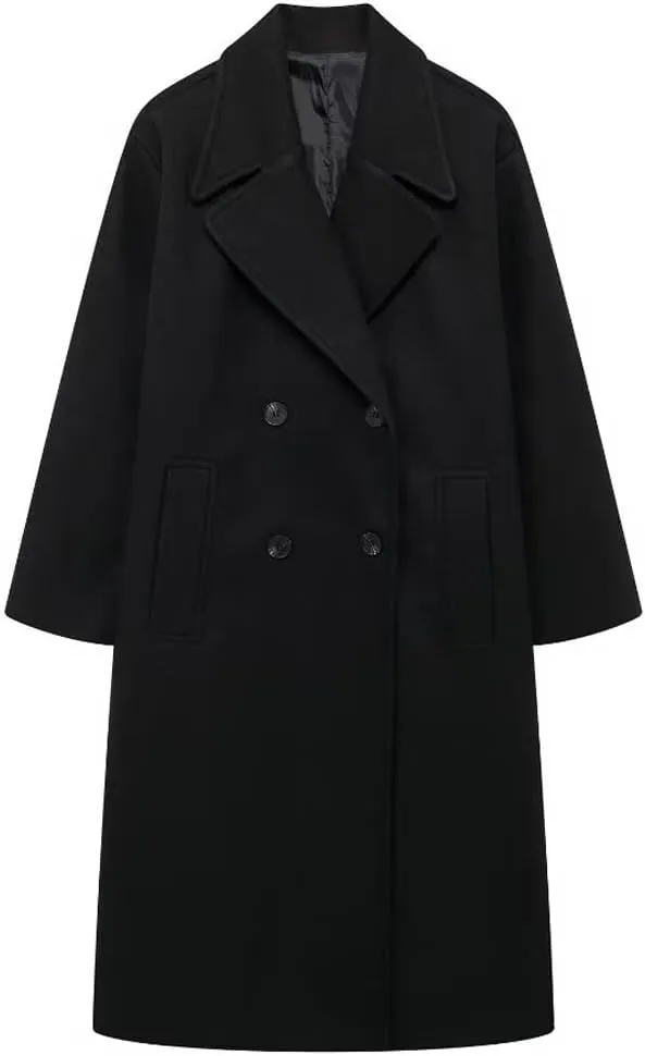 chouyatou Women's Business Casual Double Breasted Wool Coat Notch Lapel Midi Long Winter Trench Coat