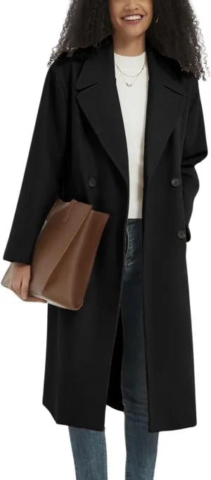 chouyatou Women's Business Casual Double Breasted Wool Coat Notch Lapel Midi Long Winter Trench Coat