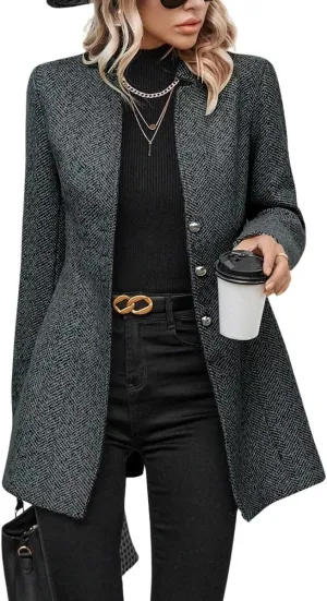 chouyatou Women's Business Casual Herringbone Wool Coat Button Up Notch Collar Dressy Blazer Jacket