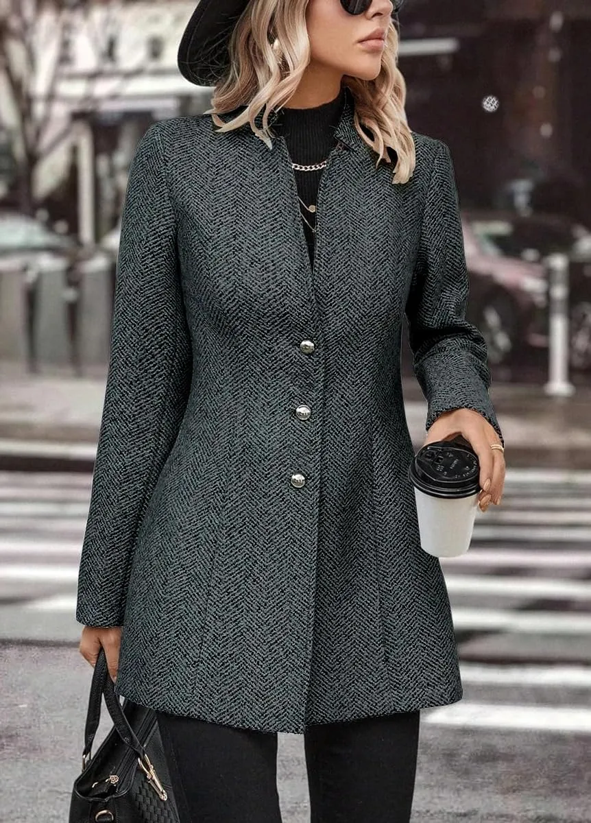 chouyatou Women's Business Casual Herringbone Wool Coat Button Up Notch Collar Dressy Blazer Jacket