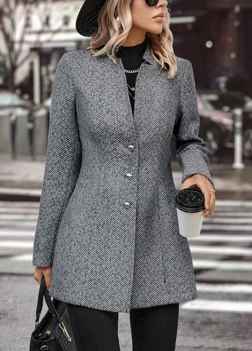 chouyatou Women's Business Casual Herringbone Wool Coat Button Up Notch Collar Dressy Blazer Jacket