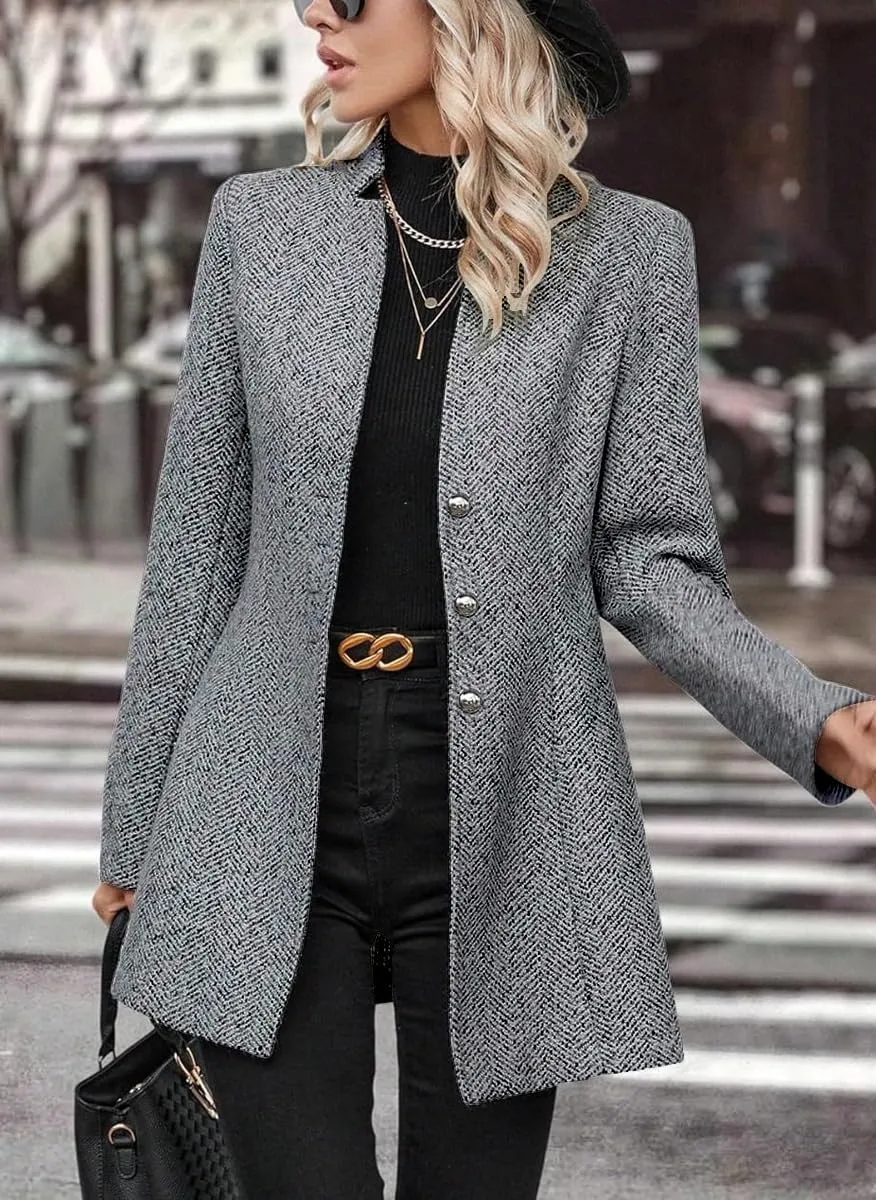 chouyatou Women's Business Casual Herringbone Wool Coat Button Up Notch Collar Dressy Blazer Jacket