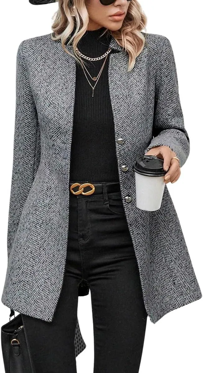 chouyatou Women's Business Casual Herringbone Wool Coat Button Up Notch Collar Dressy Blazer Jacket
