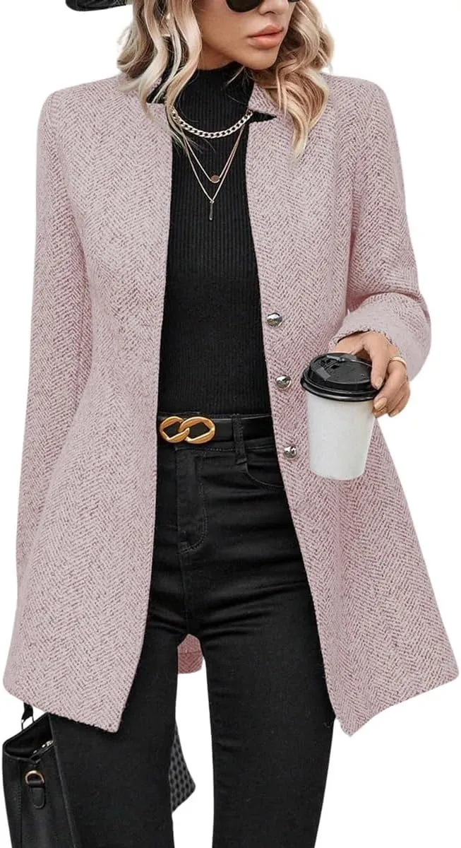 chouyatou Women's Business Casual Herringbone Wool Coat Button Up Notch Collar Dressy Blazer Jacket