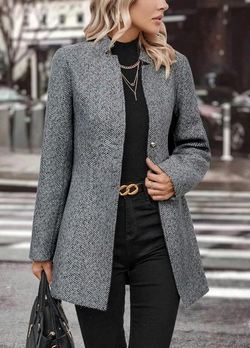chouyatou Women's Business Casual Herringbone Wool Coat Button Up Notch Collar Dressy Blazer Jacket