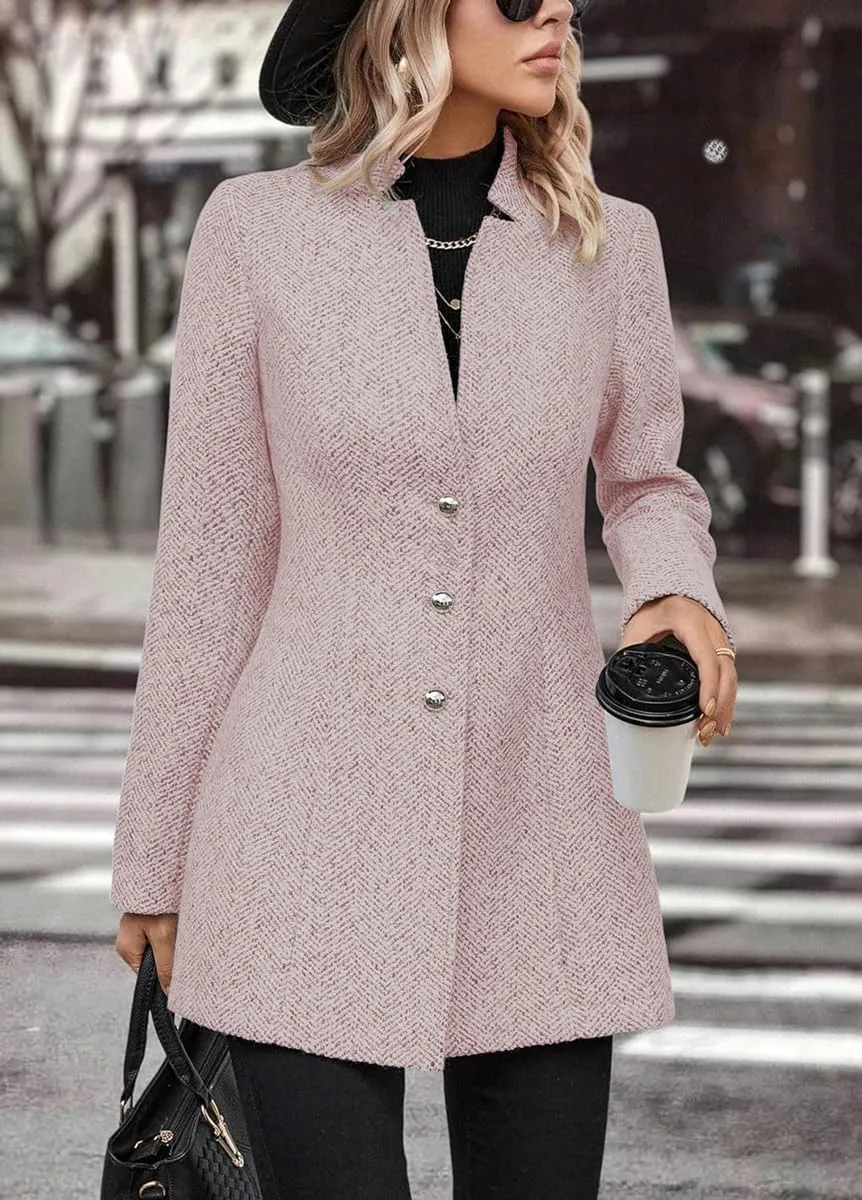 chouyatou Women's Business Casual Herringbone Wool Coat Button Up Notch Collar Dressy Blazer Jacket