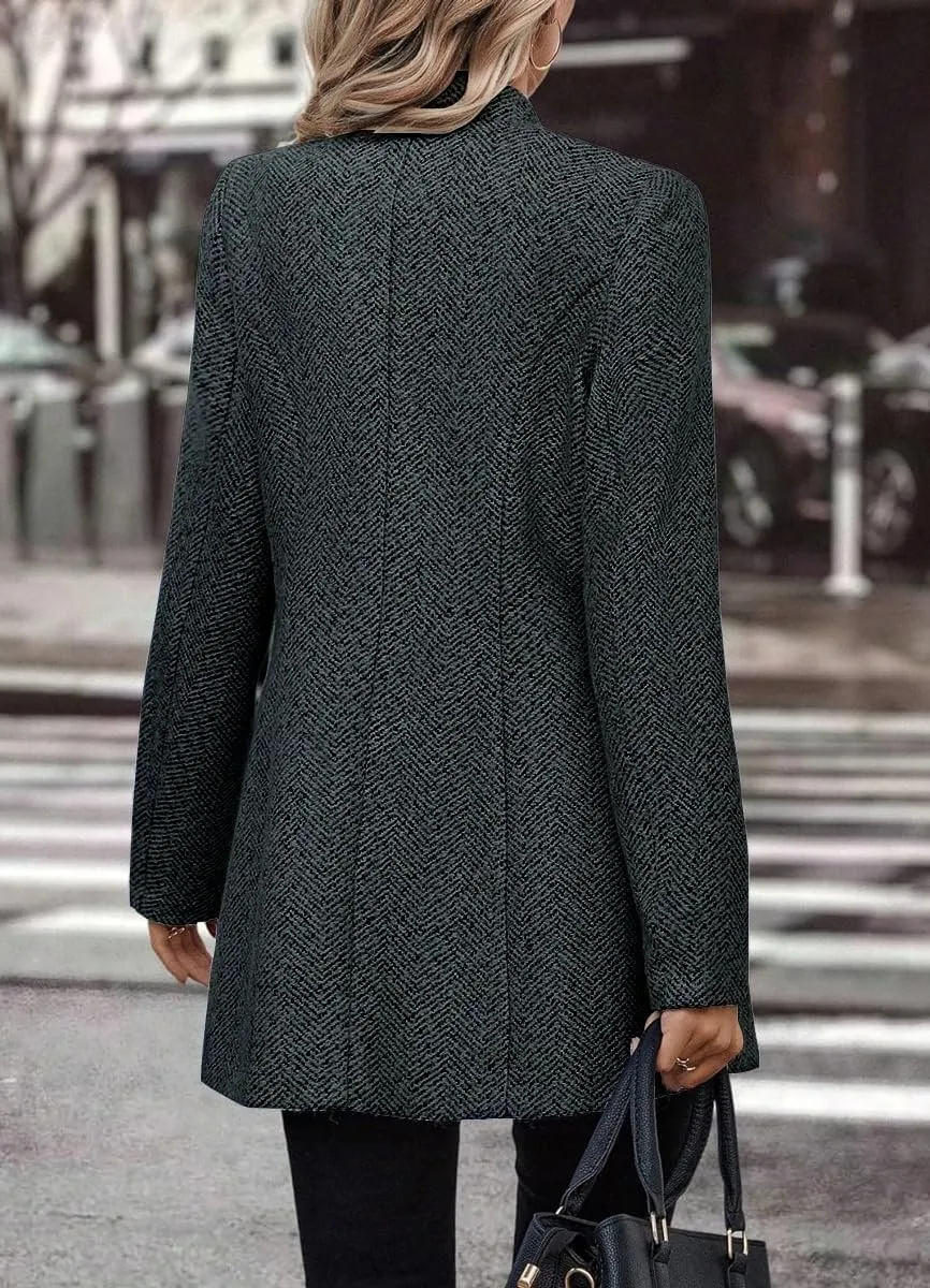 chouyatou Women's Business Casual Herringbone Wool Coat Button Up Notch Collar Dressy Blazer Jacket