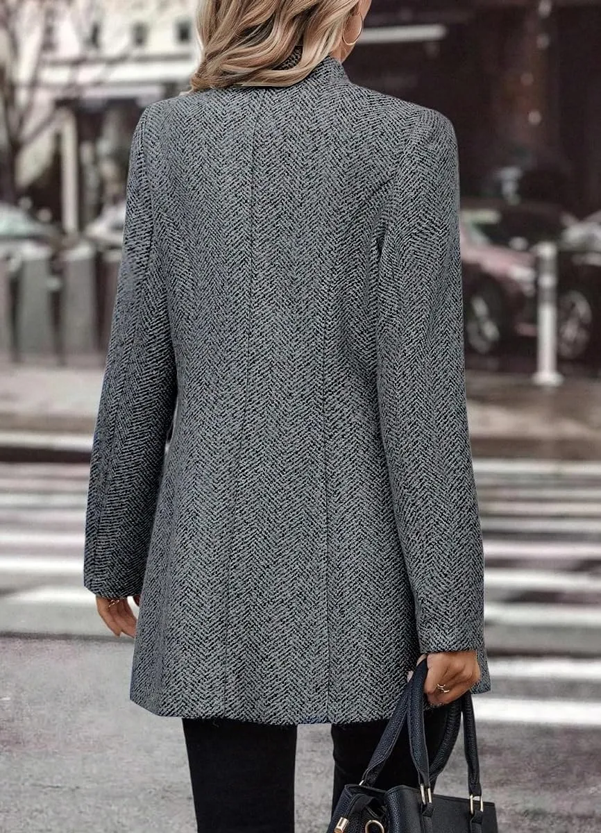 chouyatou Women's Business Casual Herringbone Wool Coat Button Up Notch Collar Dressy Blazer Jacket