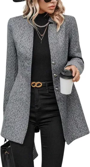 chouyatou Women's Business Casual Herringbone Wool Coat Button Up Notch Collar Dressy Blazer Jacket