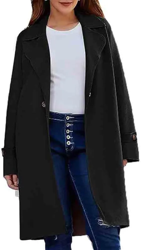 chouyatou Women's Casual Notch Lapel Wool Coat Single Breasted Long Winter Wool Trench Pea Coat