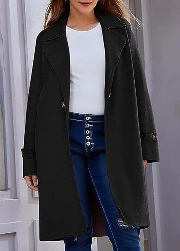 chouyatou Women's Casual Notch Lapel Wool Coat Single Breasted Long Winter Wool Trench Pea Coat