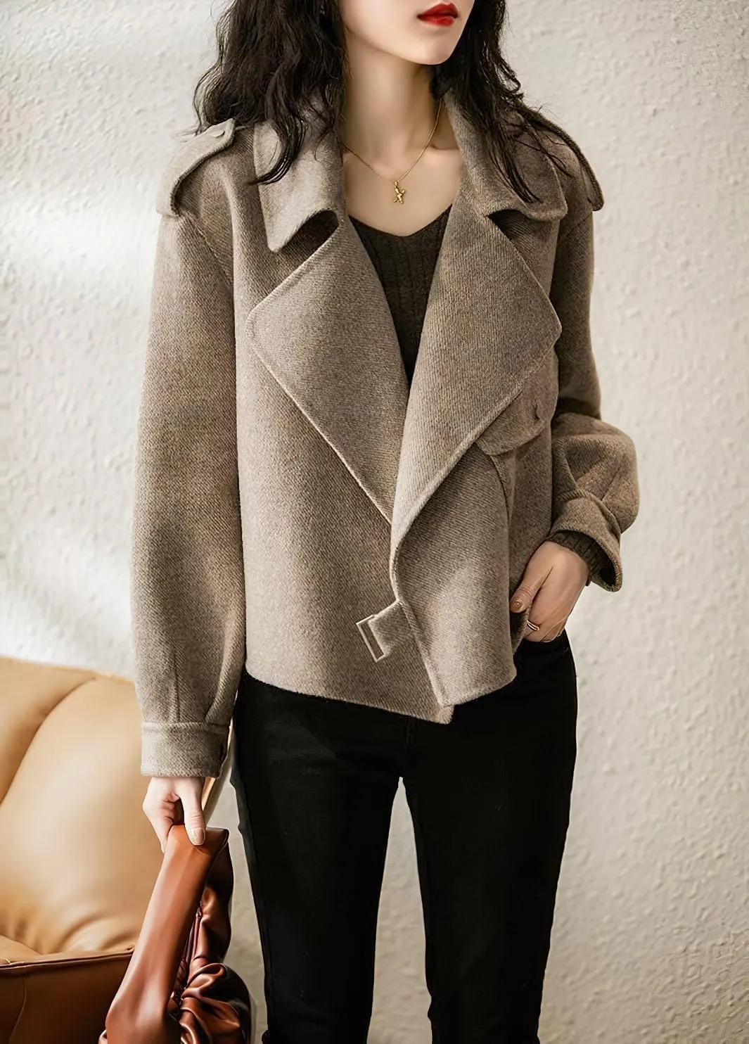 chouyatou Women's Fall Casual Cropped Wool Coat Open Front Loose Dressy Blazer Jacket Short Trench Coat